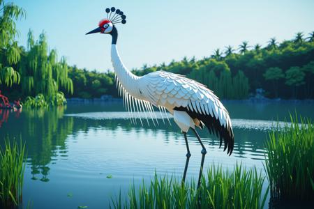 A glowing mechanical robotic robot red-crowned crane standing in the lake,  special effects,  cinematic scenes,  cinematic shots,  cinematic lighting,  volumetric lighting,  ultra-detailed,  highly detailed,  hyper-detailed,  realistic,  ultra-realistic,  hyperrealistic,  HD,  IMAX,  8K resolutions,  ultra resolutions,  sharp focus,  magnificent,  best quality,  masterpiece