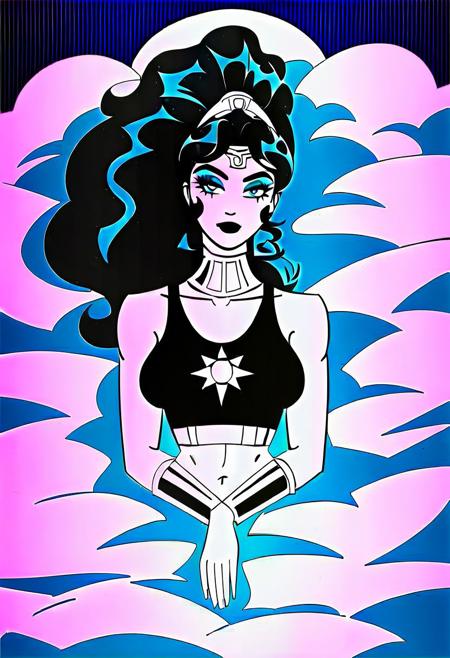 girl, solo, pretty face, makeup, thick eyeliner, crop top, tank top, medium sized breasts, masterpiece, high quality, full body, perfect face, flawless facial features, greek goddess, athena the goddess, mythology, laying on a cloud