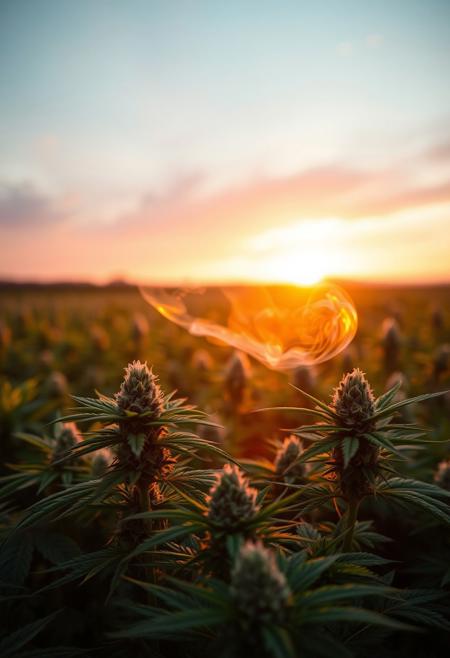 vibrant cannabis field, (lush green leaves:1.4), (sunset glow:1.2) casting warm light over the plants, (detailed textures:1.5), smoke swirling softly in the air, (cannabis buds:1.3) glistening with trichomes, peaceful and serene atmosphere, (natural light:1.4), wide field stretching into the distance, (colorful sky:1.2) with shades of pink and orange, (high-definition:1.6), (ultra-realistic textures:1.5), close-up details of cannabis plants, (soft focus in the background:1.2), modern, laid-back aesthetic, perfect for a cannabis culture feature, chill and relaxed vibe, (overexposed:-1.4), (unnatural colors:-1.5), (blurry:-1.6), (low-resolution:-1.7), (harsh lighting:-1.5), (distorted textures:-1.6)