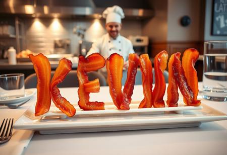 The name ‘KEVIN’ spelled out using crispy, golden-brown bacon strips, carefully arranged on a white ceramic plate. The plate sits on a restaurant table with a clean, stylish table setting—silverware, a napkin, and a glass of water nearby. In the background, a professional kitchen is visible, where Kevin, dressed as a chef in a classic white uniform and hat, is preparing more bacon with a confident smirk. The lighting is warm and inviting, capturing the delicious texture of the bacon and the lively restaurant atmosphere