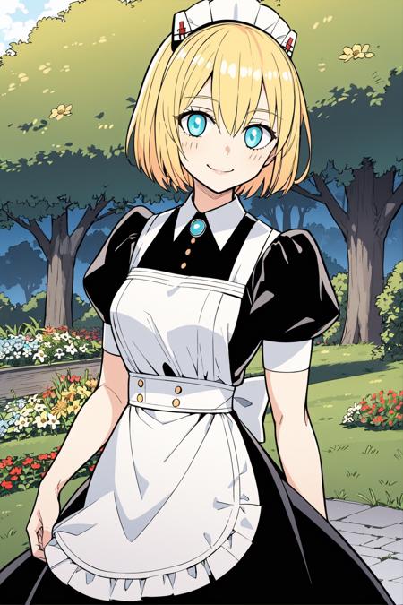 hasty, 1girl, solo, short hair, blue eyes, blonde hair, doll joints short sleeves, puffy sleeves, apron, black dress, puffy short sleeves, looking at viewer, maid, maid headdress, white apron, maid apron, dress,