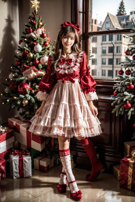 best quality, masterpiece, photorealistic, 1girl, solo, long straight hair, looking at viewer, smile, cyb dress, lace-trimmed dress, layered dress, wide sleeves, bow, red footwear, kneehighs, indoors, christmas, christmas tree, christmas ornaments, <lora:christmas_dress_style1_v1:0.7>, <lora:add_detail:1>