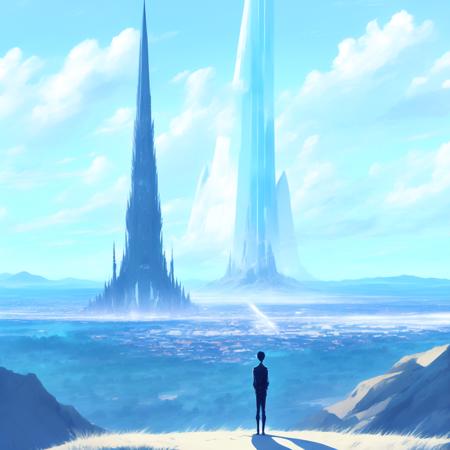 anime Epic Composition, massive scale a man stands observing the distant mega Spire city in the distance (SpireCity style:1) <lora:djzSpireCity:0.8)