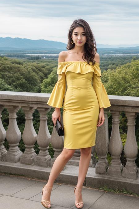 1 woman, detailed, realistic, standing, full body shot, scenic view, 
<lora:Off Shoulder Dress 2 By Stable Yogi:0.5> yellow off shoulder dress