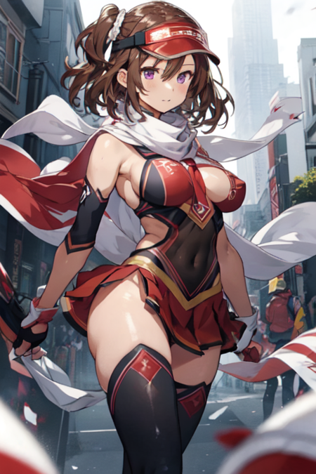 YukiTengoku, 1girl, solo, miniskirt, red skirt, large breasts, brown hair, one side up, black thighhighs, elbow gloves, holding, brown eyes, purple eyes, fingerless gloves, scarf, red leotard, highleg leotard, sideboob, covered navel, highleg, visor cap, white scarf, 