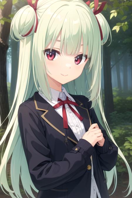 Murasame very long hair,green hair,two side up,blue bow,hair bow,sidelocks,blunt bangs,red eyes neck ribbon,red ribbon,blue jacket,wing collar,open jacket,white shirt,long sleeves,button,small breasts,blue skirt,pleated skirt,frilled skirt,black socks,white footwear