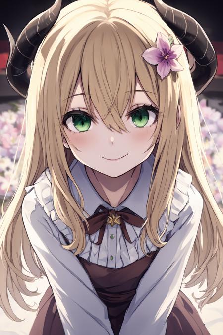 1girl,bangs,blonde_hair,closed_mouth,flower,green_eyes,hair_between_eyes,horns,long_hair,looking_at_viewer,smile,solo,