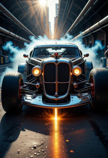 qu4ntum, photo, realistic, closeup, quantum punk race car, urban track, polished metal, steam, pumps, piping, outdoors, dramatic lighting, lens flare, reflections, cinematic lighting, volumetric lighting, masterpiece, best quality, master aesthetic, maximum detailed, absurdres, bokeh, film grain, aidmaImageUpgrader, smoke,