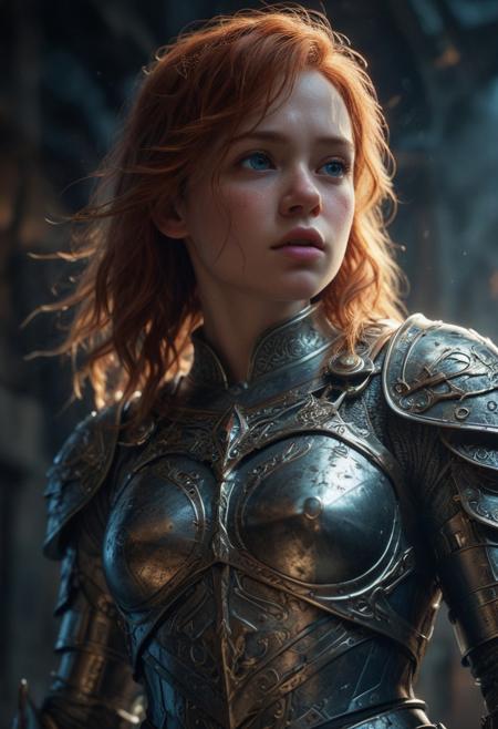 High resolution ultra-realistic of Beautiful Warrior Sadie Sink as Joan of Arc, 8k, capturing the intensity of the moment, cinematic lighting, standing on a bloody and stormy battlefield in bloody battle, wavy red hair, realistic dirty pale face, realistic blue eyes,  beautiful hourglass figure, burning in a medieval Town, intricately designed iron and silver armor, Dark Ages Aesthetic, perfect athletic figure, beautiful Warrior Joan of Arc, fire, ultra realistic, cinematic style, vigorous and seductive, athletic figure, dark fantasy, dramatic lighting, wet and sweaty skin, dirty skin, athletic figure, dark fantasy, dramatic lighting, Greg Rutkowski style,, Warrior Joan of Arc on in iron armor, hyper-detailed, hyper-realistic, bright colours, Attractive 21 old years girl, Attractive, beautiful firm Breasts, sharp focus, digital painting, Photograph Taken on Nikon D750, Alphonse Mucha, 8K, athletic figure, Hyperdetailed, hyperrealism, Attractive, Attractive bust girl, asymmetric balance