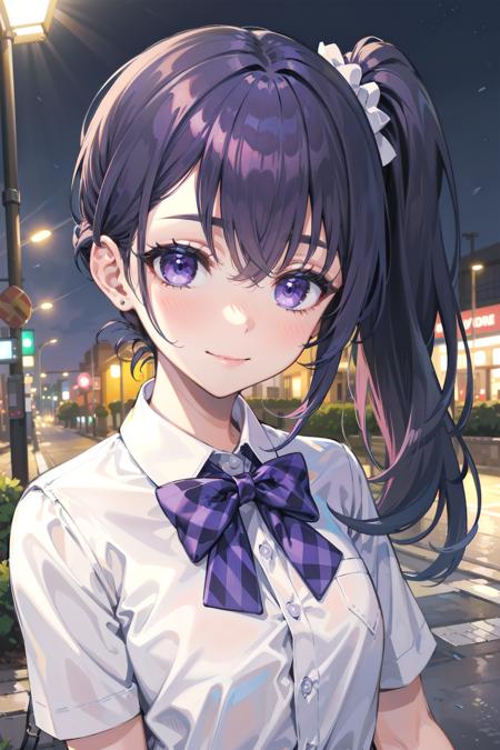 masterpiece, best quality, long hair, purple hair, purple eyes, side ponytail, close-up, smile, + +, outdoors, close-up, night, white shirt, street, bowtie,