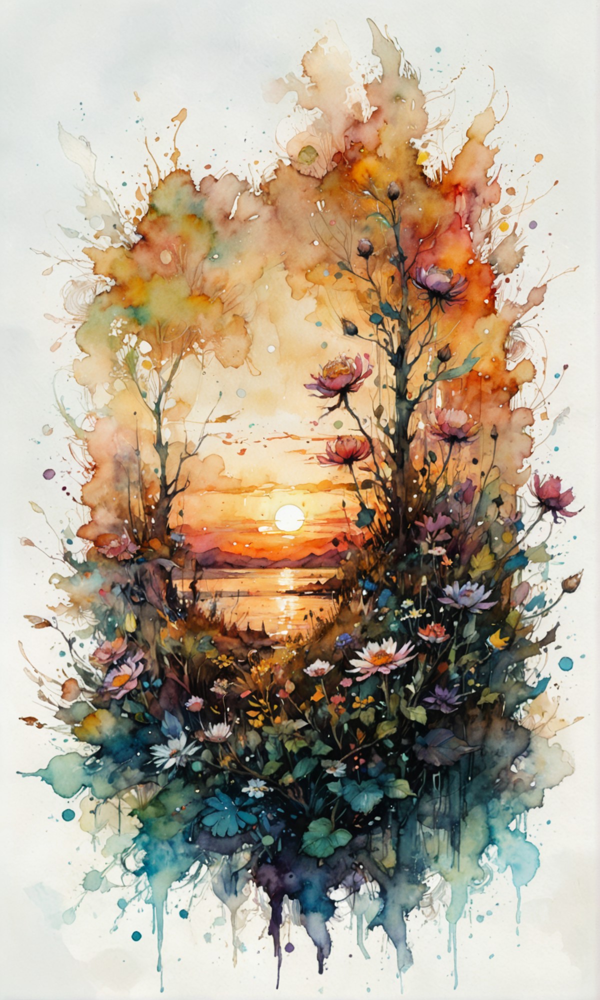 <(Digital watercolor Illustration of a summerscape sunset, by JB, Waterhouse, Carne Griffiths, Minjae Lee, Ana Paula Hoppe...