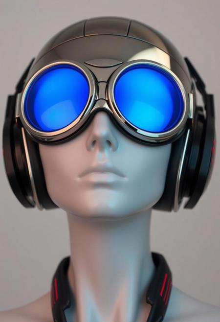 The figure's head is encased in a streamlined helmet, predominantly chrome with black accents. The helmet appears highly polished, with a smooth, almost glossy finish. Integrated into the helmet are large, circular, reflective lenses that cover the eyes entirely. The lenses glow with blue hue, giving off a cool, futuristic aura. These oversized goggles suggest an augmented reality or heads-up display function, typical of high-tech environments. Around the figure’s ears are sleek, futuristic headphones, which are seamlessly built into the helmet design. These headphones are primarily black with red, horizontal stripes along the side, indicating an interface for communication or audio enhancements. The skin tone appears smooth and artificial, hinting at synthetic or modified human characteristics