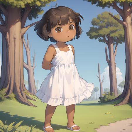 ((masterpiece, best quality)), full body, solo, dora,  <lora:DoraTheExplorer2:0.6>, brown eyes, dark-skinned female, (tan), bob cut, dress, blue sky, forest, arms behind back,