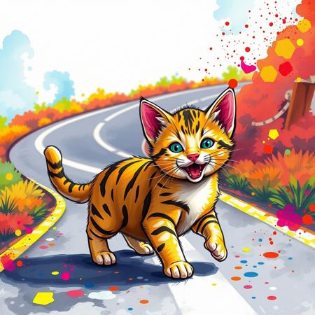 A cheerful little cat, depicted in the style of bright and colorful ink splashes, plays against a background of a road also made of ink splashes. The cat, with a playful expression, explores the surrounding space, while the vibrant colors create a joyful atmosphere. The road winds and is sprinkled with multicolored ink splashes, giving the scene a unique and artistic appearance
