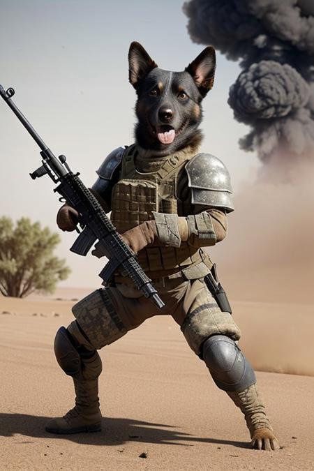 an anthropomorphic animal, photo of a dog wearing military armor, charged at the enemy with gun,(holding a assault rifle:1.4), in the middle of cut throat battlefields,angry, desert, explosions, smoke,fighting stance,  still shot of war,
, scattered dust, gun fires, realistic  intricate detail, serious,sureal,  masterpiece, best quality