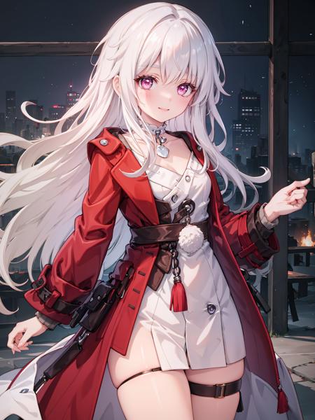 (extremely detailed CG), (best quality), 1girl, petite, small breasts, perfect face, bright pupils, (finely detailed beautiful eyes), narrow waist, hair intakes, white choker, thigh strap, red jacket, red coat, white dress, cowboy shot, light smile, <lora:ClaraHonkai:0.75>