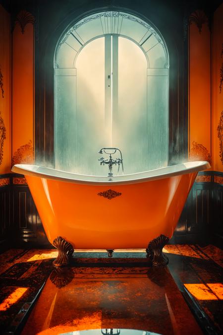 artistic photography, Art Deco Bathtub, superb details, well-defined edges, f/11, inspired, multiple exposure photography,
(glare effects,  dramatic atmosphere:0.1), (center composition, symmetry composition:0.1),
(ruby and benzimidazolone orange colors:0.1) <lora:MJ52:0.45>