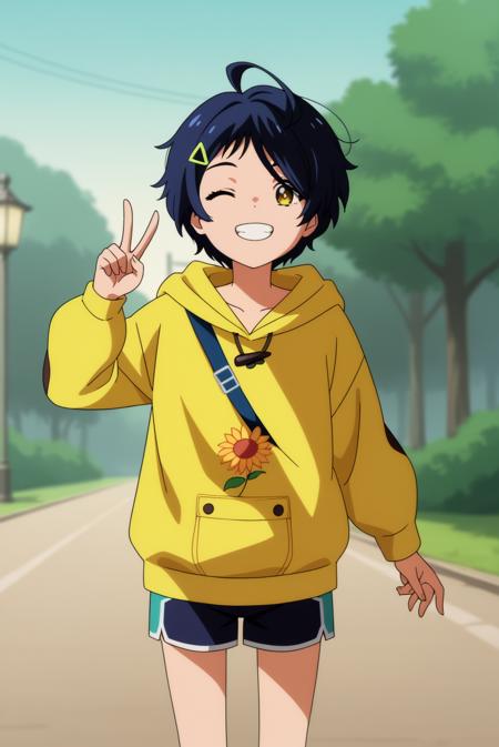 ai ohto, heterochromia, yellow hoodie, hood down, solo, short hair, hair ornament,shorts