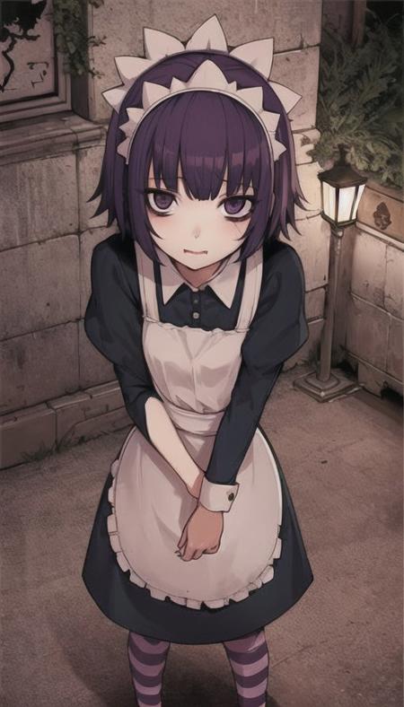 1girl, solo, beautiful face, finely detailed face, beautiful eyes, purple hair, looking into distance, under the lamppost, night, dark background, maid dress, holding a syringe, <lora:YakuiTheMaid:0.8>