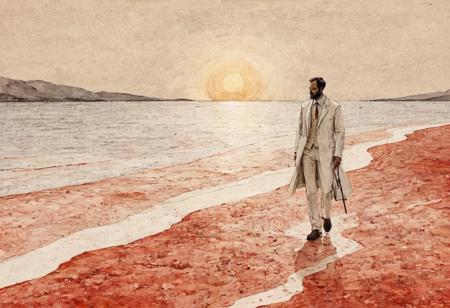 old book style ink illustration, on parchment, ink splashes, ink stains, ink smears, faded ink,(Digital Art by Peter Doig and Andrea Pisano: 1.2), A French man in a white suit, dressed in pure white clothes, walking on the beach, noon, bloated by the bright sun, red sand, the magical solar aesthetics of mosaic art, unconventional supreme masterpieces, exquisite details, intelligent atmosphere, and gentle atmosphere. (Balanced central component, :0.5)
