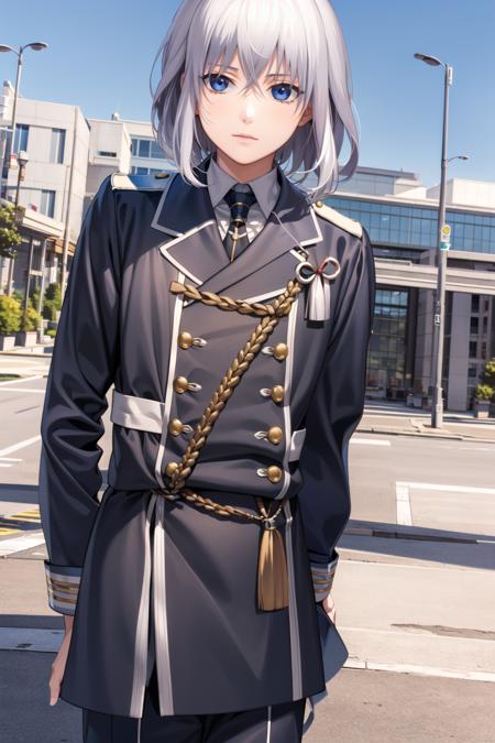  honebami toushirou, male focus, white hair, ahoge, uniform, armor, shoulder armor, gloves, sode namazuo toushirou, male focus, ponytail, ahoge, uniform, armor, shoulder armor, gloves, sode, ahoge,