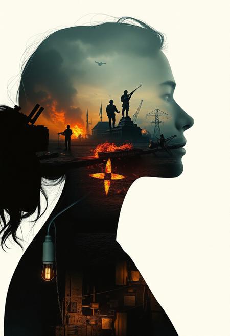 Abstract style dystopian future with elements of an apocalyptic war inside the silhouette of a womans head and shoulders, that is a double exposure photograph . Non-representational, colours and shapes, expression of feelings, imaginative, highly detailed