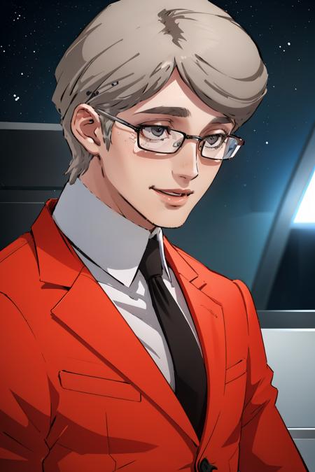 masterpiece, best quality, absurdres, beautiful, full body, smile, upper body, close up
 <lora:zs_Stephen:1> stephensmt, formal, red suit, glasses, grey hair, grey eyes, solo