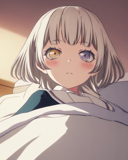 masterpiece, best quality,   <lora:ALL:1>ï¼Kaname RÄna, 1girl, solo, blush, heterochromia, school uniform, under covers, blanket, bed