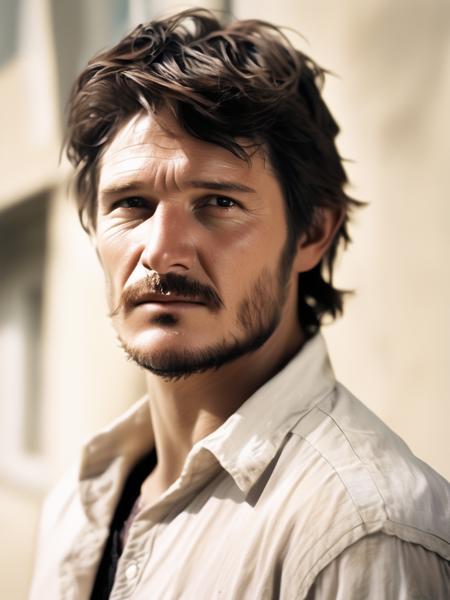 portrait photo of an unshaven Pedro Pascal from The Last of Us, in a unbuttoned white summer shirt, outside light, shot on Hasselblad H4D 200MS Digital Camera, Mitakon Speedmaster 85mm f/1. 4 XCD, (masterpiece,best quality:1.5)