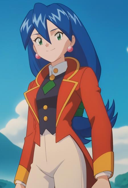 anime screencap, anime coloring, PMStella, 1girl, blue hair, low-tied long hair, green hair tie, hair between eyes, green eyes, earrings, red tailcoat, white pants, knee boots, black footwear, 