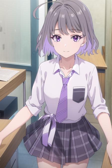 akaritanikita, <lora:akari tanikita s1-lora-nochekaiser:1>,
akari tanikita, short hair, bangs, (purple eyes:1.1), grey hair, multicolored hair, ahoge, smile,
BREAK skirt, shirt, school uniform, white shirt, short sleeves, pleated skirt, necktie, shoes, choker, socks, striped, collared shirt, black footwear, blue skirt, plaid, black choker, plaid skirt, black socks, sneakers, purple skirt, shirt tucked in, striped necktie, purple necktie,
BREAK indoors, classroom,
BREAK looking at viewer, (cowboy shot:1.5),
BREAK <lyco:GoodHands-beta2:1>, (masterpiece:1.2), best quality, high resolution, unity 8k wallpaper, (illustration:0.8), (beautiful detailed eyes:1.6), extremely detailed face, perfect lighting, extremely detailed CG, (perfect hands, perfect anatomy),