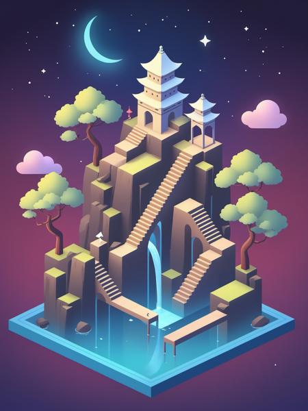 video game monument valley style, Ancient Chinese Architecture, stairs, water, cloud, trees, waterfall, gradient background, Night, starry sky, <lora:Monument Valley style:0.7>