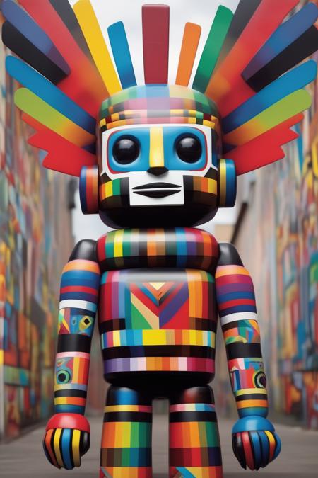 <lora:Okuda San Miguel Style:1>Okuda San Miguel Style - Envision a dynamic piece of street art depicting a Robot Kachina doll, the design and color scheme heavily influenced by the unique style of Eduardo Kobra. The Robot Kachina should maintain the traditional structure of a Kachina doll but with an unexpected twist of futuristic elements like angular mechanical joints, digital eyes, and metallic adornments. The color scheme should reflect Kobra's signature style, filled with vibrant hues and intricate geometric patterns. The backdrop could be a mesmerizing array of bright, geometric forms that seem to pulsate with energy, much like Kobra's striking murals. The artwork should contrast vividly with the rough texture of an urban concrete wall, offering a fusion of tradition, futurism, and street art. This mural should be photographed as if taken with a Canon EOS R5 and a RF 15-35mm F2.8 L IS USM lens, emphasizing the rich colors, the detailed mechanical elements, and the stylistic homage to Eduardo Kobra.