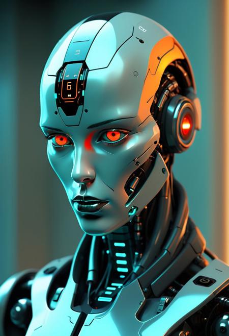 A close-up of a futuristic humanoid android with a sleek, metallic face in shades of teal, grey, and black. The android’s glowing orange-red eyes have geometric, mechanical pupils, giving an intense, focused gaze. Its face is smooth and humanlike, but segmented with visible panel lines and printed alphanumeric codes like "94R" beneath one eye. The lips are matte black, expressionless and cold. Attached to the side of the head is a cybernetic module with small illuminated symbols, hexagonal grids, and a connector-like structure. The neck transitions into a complex, dark mechanical collar made of layered, textured materials with cables and joints. The background is softly blurred with warm beige-yellow lighting and indistinct futuristic shapes, suggesting a sci-fi indoor setting. The overall mood is high-tech, enigmatic, and slightly ominous.