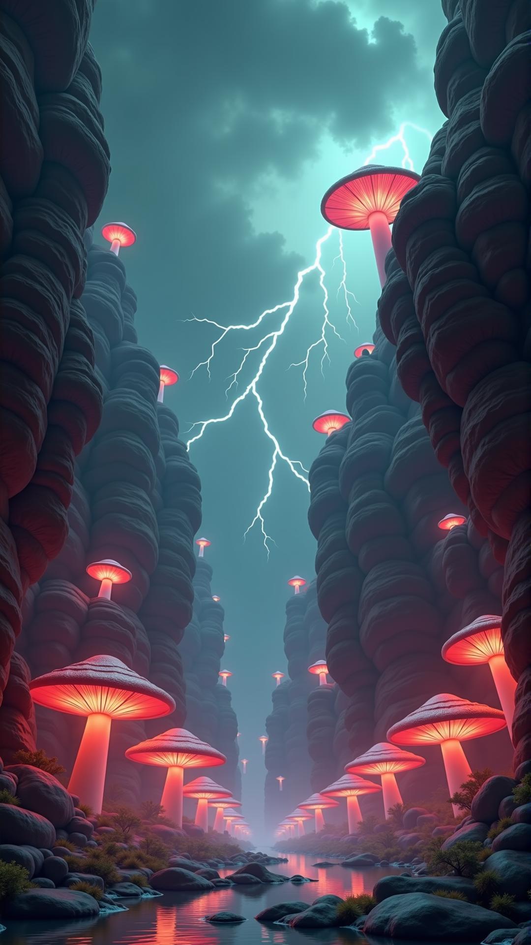 A surreal canyon where the walls are made of living, pulsating veins of crystal, each one glowing with an intense internal light that shifts in color from deep reds to vibrant purples and greens. The canyon floor is covered in a thick mist that glows softly in the dim light, swirling around enormous, glowing mushrooms that stretch up toward the sky. Above, the sky is a churning mass of dark clouds, flashing occasionally with brilliant lightning that illuminates the landscape in brief, surreal bursts. Strange, geometric shapes float through the air, casting long, angular shadows on the canyon walls.