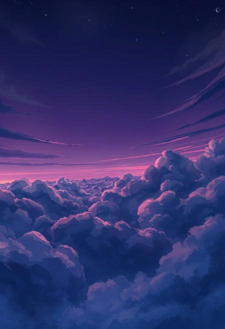 "Vertical 9:16 cinematic anime sky, ultra-detailed 4K, mysterious swirling clouds in layered formations, painted in rich violet, deep indigo, and midnight blue tones. Subtle gradients blend seamlessly into each other, evoking a twilight-to-night transition. Wisps of translucent mist drift between the layers, catching faint silver and lilac glows from a hidden moon.
Cel-shaded anime style with watercolor textures, strong edge detailing and layered depth. Some clouds have soft internal light — as if glowing faintly from within. The background shows a distant fading galaxy band, with scattered tiny stars peeking through high-altitude cloud gaps. Motion-ready parallax layout: clear separation between lower stormy cloud banks, middle-layer glowing mist, and high cirrus patterns. Gentle cinematic bloom on highlights, perfect for depth-based animation or a dolly shot."