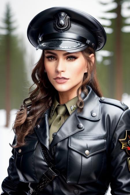 beautiful ((similing)) aragrevaifos posing in (dynamic pose) as a worls war 2 diesel punk army officer, black leather german uniform, wearing leather army hat, photo referenced, highest quality, high quality, (detailed face and eyes), dusk lighting,, strong makeup, industrial, outdoor snow forest background   <lora:Sofia_Vergara_aragrevaifos_v1_1:0.9> ((close up))