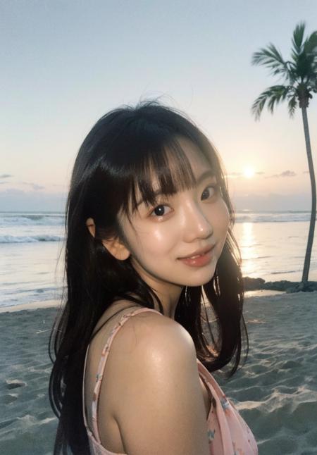 head photo,1 girl,black hair,(smlie:0.4),(beach),(ocean),(waves),(sand),(palm trees),(sunset).(bust photo:1.3),
<lora:korean_model_V3:0.8>,
(EOS R8,50mm,F1.2,8K,RAW photo:1.2),close-up of the head,
<lora:InstantPhotoX3:0.4>,<lora:FilmVelvia2:0.5>,