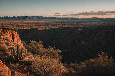 raw photo, a sunset landscape, Arizona desert, Saguaro Cactus, Tall Mesa,  cozy, photorealistic, high detailed texture, 8k uhd, dslr, soft lighting, high quality, film grain, Fujifilm XT3, Sony A7 IV, highly detailed photography, (muted colors, cinematic, dim colors, soothing tones:1.2), vibrant, insanely detailed, hyperdetailed, (dark shot:1.2), (vsco:0.3), (intricate details:0.9), (hdr, hyperdetailed:1.2) (highest coherency: 1.39) (highest quality: 1.39) (rule of Thirds) (award winning) (breathtaking) (masterclass) (vibrant color: 0.79) (distant hillside) (tall cliffs in distance; 1.19)