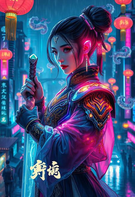 Cinematic cyberpunk poster of a female warrior named He Ziqiong, fusion of futuristic cyber technology and traditional Chinese culture. She wears sleek, high-tech armor with glowing neon circuit patterns and intricate golden Tang dynasty motifs, combined with flowing translucent hanfu fabric that flickers with digital holograms. Her hair is styled in an elegant traditional bun, enhanced with neon-lit metal hairpins and cybernetic implants on her temples. She holds a radiant jade sword with electric sparks crackling along the blade. The background is a sprawling neon-lit cityscape with towering skyscrapers, holographic dragons swirling around, and floating digital lanterns. The color palette is dominated by electric blues, vibrant pinks, and rich gold highlights, with strong contrasts of light and shadow. Dramatic cinematic lighting, rain-soaked streets reflecting neon glows. Chinese calligraphy style title "真武战记" and character name "何子琼" integrated organically into the design with glowing neon strokes. Hyper detailed, ultra realistic, 8k, sharp focus, poster art