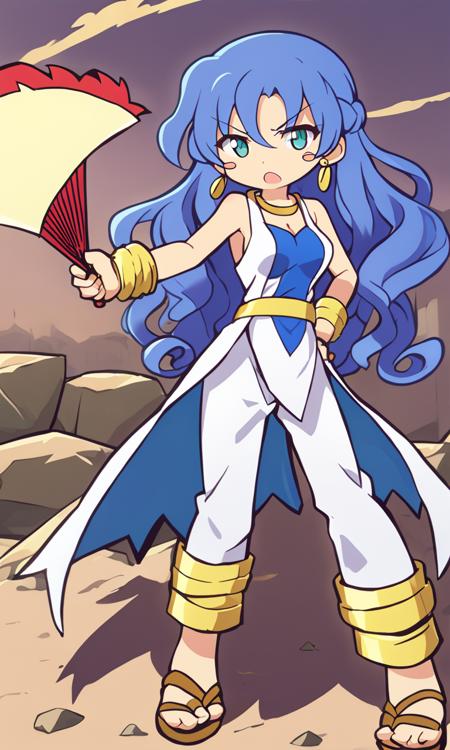 rulue green eyes, lips, blue long hair, curly hair, bangs, medium breasts bare shoulders White dress, white coat, tabard, sandals, gold belly band, collarbone, cleavage, gold bracelet, gold anklet, necklace