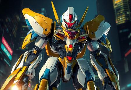 The Deepsea Warrior robot, with a white and gold head, red visor, and blue and gold accents on its arms and legs, stands powerfully against a dark city backdrop. Its dynamic, action-ready pose, vivid colors, and high-quality details create a captivating and lifelike image, with exceptional clarity and sharpness. This intricate, multi-colored depiction boasts harmonious contrast, a stunning matte painting style, and vibrant emotions, reminiscent of Raphael and Houdini aesthetics. Found on CGSociety and trending on Artstation, this masterpiece exemplifies beautiful eye details, dynamic lighting, and a joyful, powerful message.