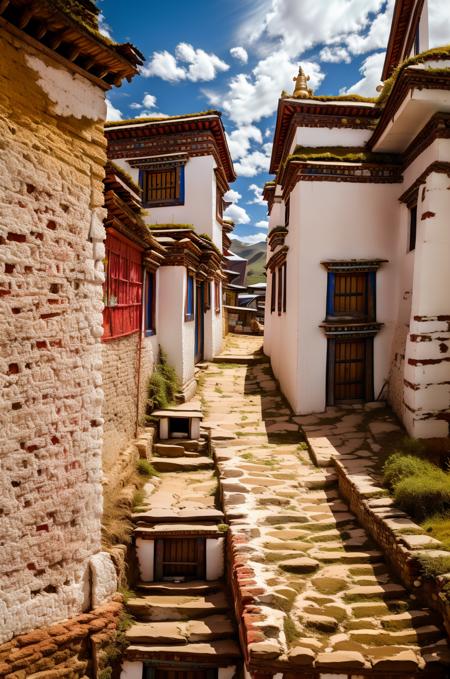 Tibetan architecture,clouds, windowsï¼doorï¼, colorful flags, grasslands, brick walls,flags,perspective, extremely detailed, high resolution, Photorealism, Realistic, day light, Templeï¼white wall,<lora:Tibetan architecture:0.8>