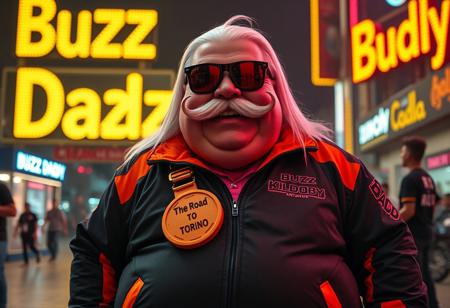 Buzz Daddy is a larger-than-life character, exuding charisma with a signature grin reminiscent of Riccardo Villalobos. His playful, lighthearted aura contrasts with his bulky, chubby physique. He’s decked out in a corporate tracksuit with vibrant psychedelic details, featuring a standout orange piece that reads “The Road to Torino.” His look is completed by a massive yogurt buckle shaped like a buzz coin, long, straight white hair, and a bold handlebar mustache that adds a rugged, custom biker flair. His Ray-Ban Wayfarer goggles reflect the electric glow of digital yellow signs, while he mischievously tosses stacks of Buzz coins around.
Buzz Daddy’s personality is zany, artistic, and captivating—his presence radiates the vibe of a meme king who thrives on humor and unpredictability. In the scene, “Buzz Daddy” is showcased in luminous, cinematic letters, whether displayed on a neon-lit billboard, a glowing mural, or boldly printed across his ultra-realistic jacket. The composition merges digital and artistic styles, creating a playful yet composed visual experience. The atmosphere is surreal and meme-driven, highlighting Buzz Daddy’s larger-than-life persona with influences from aidmafluxpro1.1, aidmaMJ6.1, and aidmahyperrealism, ensuring an unforgettable visual impact.