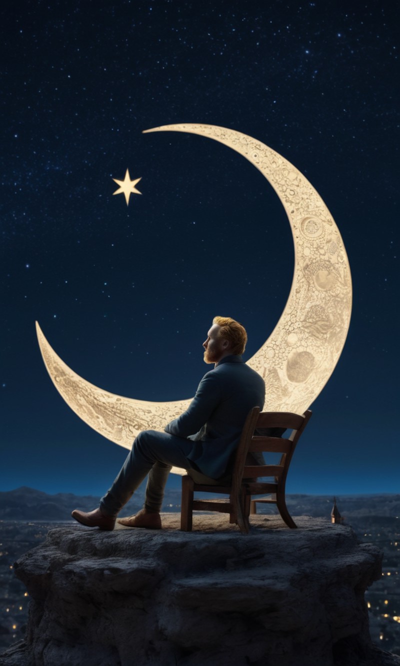 Vincent van Gogh sitting on a crescent moon in the sky looking at the starry nights