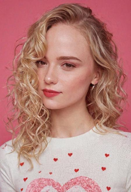 ASCII oil portrait of a girl with extremely small breasts, (nipple outline, pokies under shirt:1.4), long blonde wavy hair, extremely beautiful woman, narrow face, model, Valentine`s Day, hearts, love, red and white clothing, wearing tight sweater, simple background, pink gradient background, pale skin, white girl, detailed skin, looking at viewer, small smile, cinematic, great shading, moody slighting, (by Hope Gangloff:1.2),