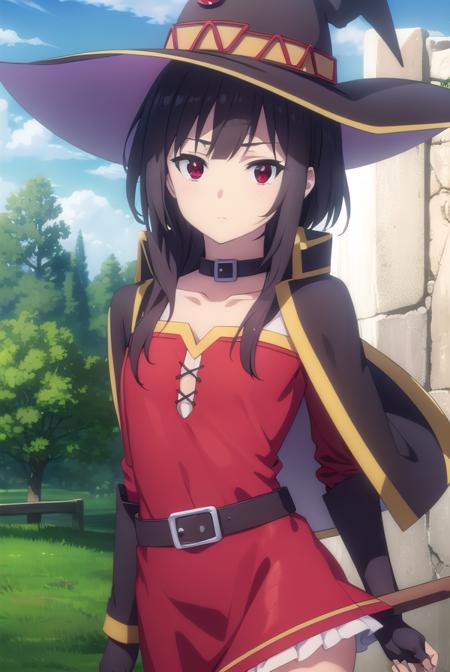 konosubamegumin, <lora:konosuba megumin movie-lora-nochekaiser:1>, 
megumin, short hair, black hair, (red eyes:1.3), short hair with long locks,
BREAK thighhighs, gloves, hat, dress, black gloves, belt, black thighhighs, fingerless gloves, cape, collar, witch hat, bandages, red dress, single thighhigh, asymmetrical legwear, bandaged leg,
BREAK outdoor, forest, nature, trees, village, sky, sun, clouds,
BREAK looking at viewer, (cowboy shot:1.5),
BREAK <lyco:GoodHands-beta2:1>, (masterpiece:1.2), best quality, high resolution, unity 8k wallpaper, (illustration:0.8), (beautiful detailed eyes:1.6), extremely detailed face, perfect lighting, extremely detailed CG, (perfect hands, perfect anatomy),