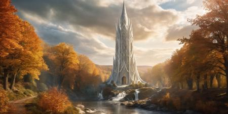 ((giant statue of elven warior)), elven city,  huge white marble tower, autumn forest, magic, godrays, epic, clouds , creek running through the city, huge banners in the wind, warm light