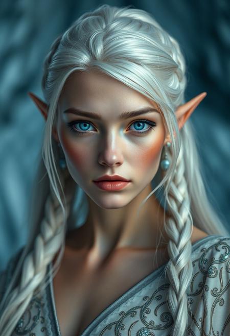 Full shot, Full body shot, straight on angle, (Ultra-realistic:1.0), (Masterpiece:1.0), (High Quality:1.0), (Detailed Realistic Background:1.3), (Artistic interplay:1.1), (Captivating gaze:1.2), (Sharp luminous streaks:1.1), (Contrast of light and texture:1.3), (Detailed iris:1.1), (Sony α7R IV, 1/320s, f/2.8, ISO 400), (Enigmatic expression:1.3), (Highlighted facial contours:1.1), (Intimate portraiture:1.2), (Visual rhythm:1.1), (Intrinsic contrast:1.2), 
Portray a breathtaking close-up of Elf Queen, stading in the Ice Glacier chamber. Her blue eyes shine with an enigmatic expression, captivating the viewer’s gaze, while her white hair, styled in a sleek ponytail with a crownbraid tie, glistens under the icy light. Her pale skin and delicate blush are beautifully contrasted against the cold environment.
The design shown in the image features a majestic, flowing gown with intricate golden floral embroidery on a sheer blue fabric. The gown has a corset-style bodice with a sweetheart neckline, accented with delicate tassels draping from the waist. The layered skirt fans out, adding volume, while the embroidery continues to the hem.
The grand hall’s frozen chamber surrounds her, bathed in an ethereal glow from sharp luminous streaks reflecting off the icy surfaces.