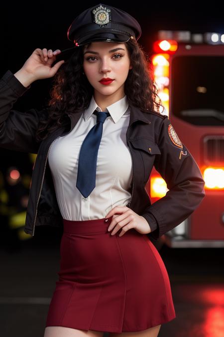 photo of a woman, bventi-1760:0.99, ((pale skin):1.1), ((beautiful dark brown hair, short hair):1.1), ((firefighter jacket, firefighter hat, necktie, shirt, skirt):1.2), ((fire, explosions, at night):1.1), ((cowboy shot, waist, hips, thighs):1.2),((red lipstick, eyeliner, eye shadow, blush):1.2), ((best quality, masterpiece, extreme details, high resolution):1.2),((detailed eyes, beautiful eyes, detailed face, beautiful face):1.2)